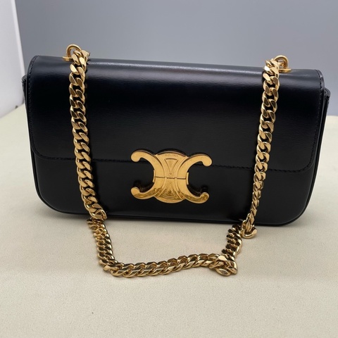 98新賽琳/Celine Claude 22年 黑色小號亮澤牛皮鏈條包 羊皮革襯里 尺寸：20.5 x 11.5 x 4無附件