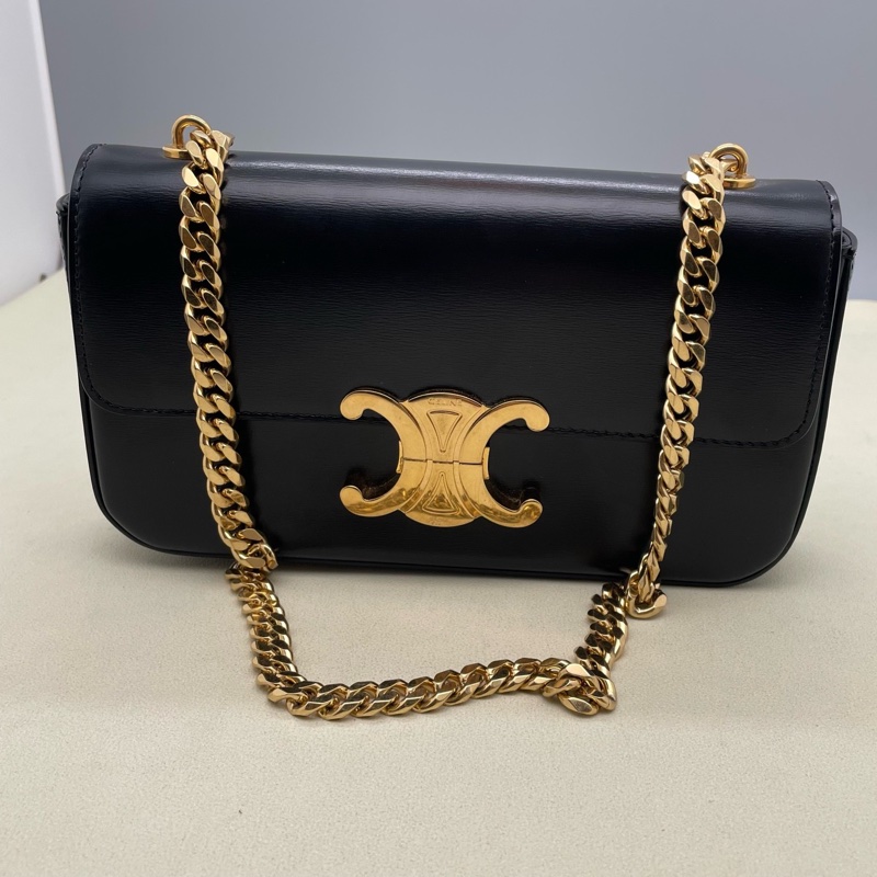 98新賽琳/Celine Claude 22年 黑色小號亮澤牛皮鏈條包 羊皮革襯里 尺寸：20.5 x 11.5 x 4無附件-0