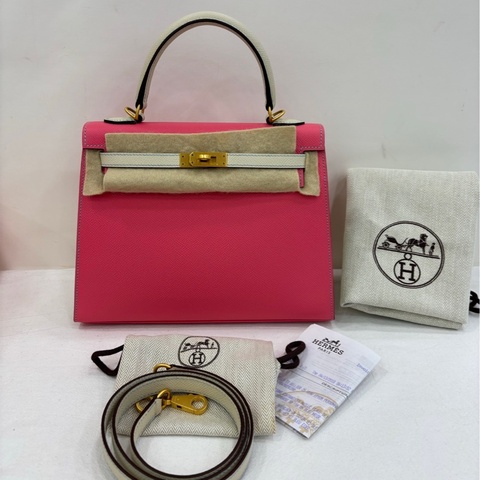 Hermes 愛馬仕 kelly25 唇膏粉拼奶昔白 金扣epsom皮 A刻 絕美拼色 超級百搭 有購證 暫缺鑰匙和鎖