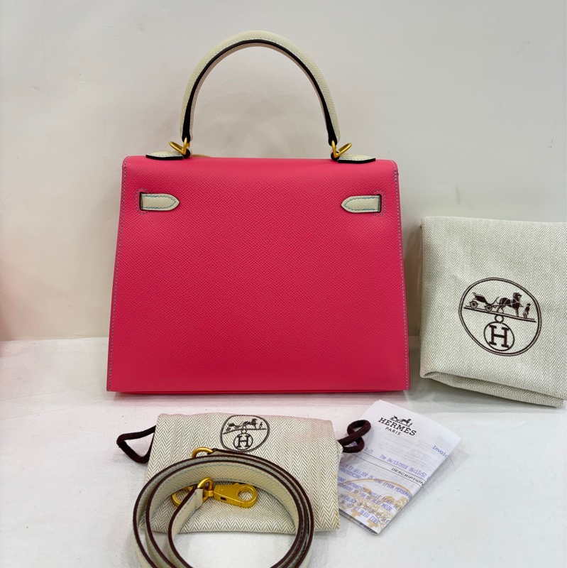 Hermes 愛馬仕 kelly25 唇膏粉拼奶昔白 金扣epsom皮 A刻 絕美拼色 超級百搭 有購證 暫缺鑰匙和鎖-1