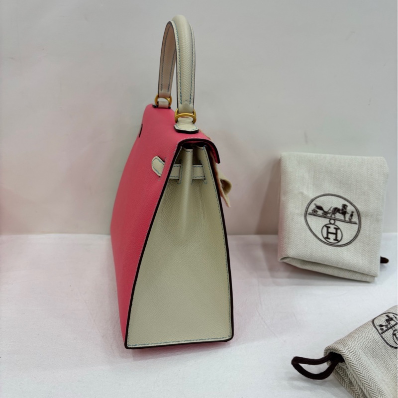 Hermes 愛馬仕 kelly25 唇膏粉拼奶昔白 金扣epsom皮 A刻 絕美拼色 超級百搭 有購證 暫缺鑰匙和鎖-2
