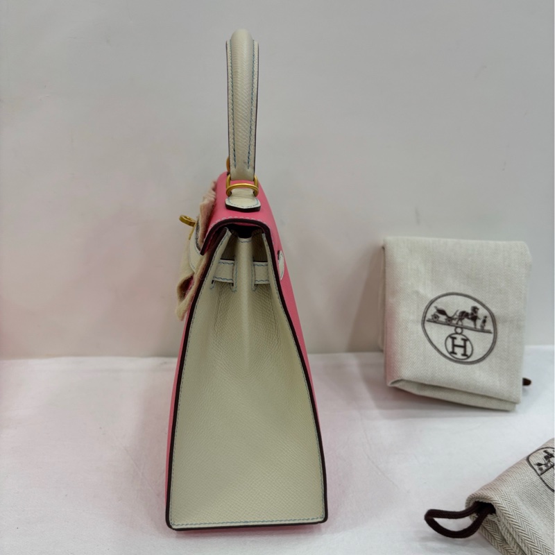 Hermes 愛馬仕 kelly25 唇膏粉拼奶昔白 金扣epsom皮 A刻 絕美拼色 超級百搭 有購證 暫缺鑰匙和鎖-3