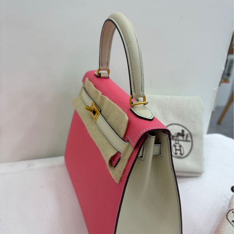 Hermes 愛馬仕 kelly25 唇膏粉拼奶昔白 金扣epsom皮 A刻 絕美拼色 超級百搭 有購證 暫缺鑰匙和鎖-5