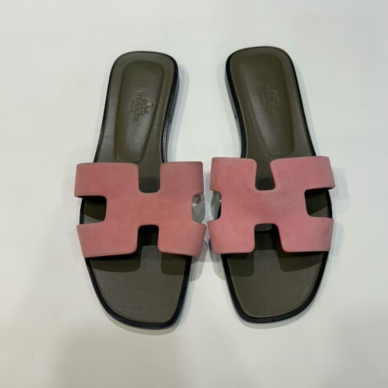 閒置未使用 hermes 愛馬仕 Oran 玫瑰粉 H 平跟  涼拖，尺寸37碼 配盒-0