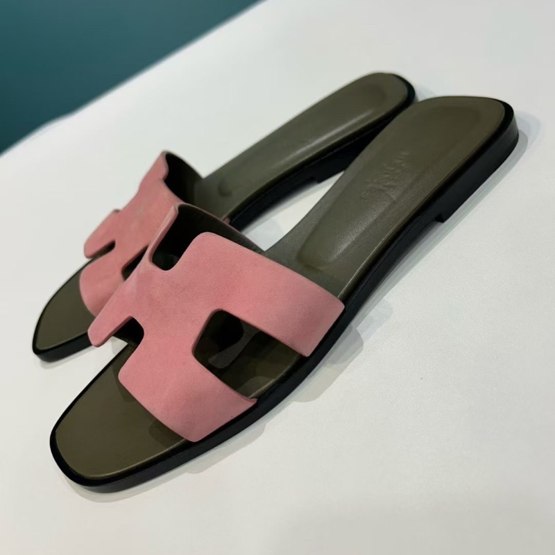 閒置未使用 hermes 愛馬仕 Oran 玫瑰粉 H 平跟  涼拖，尺寸37碼 配盒-4