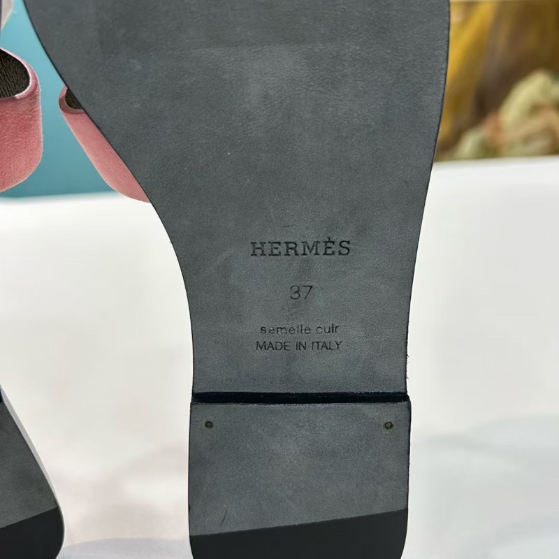 閒置未使用 hermes 愛馬仕 Oran 玫瑰粉 H 平跟  涼拖，尺寸37碼 配盒-6