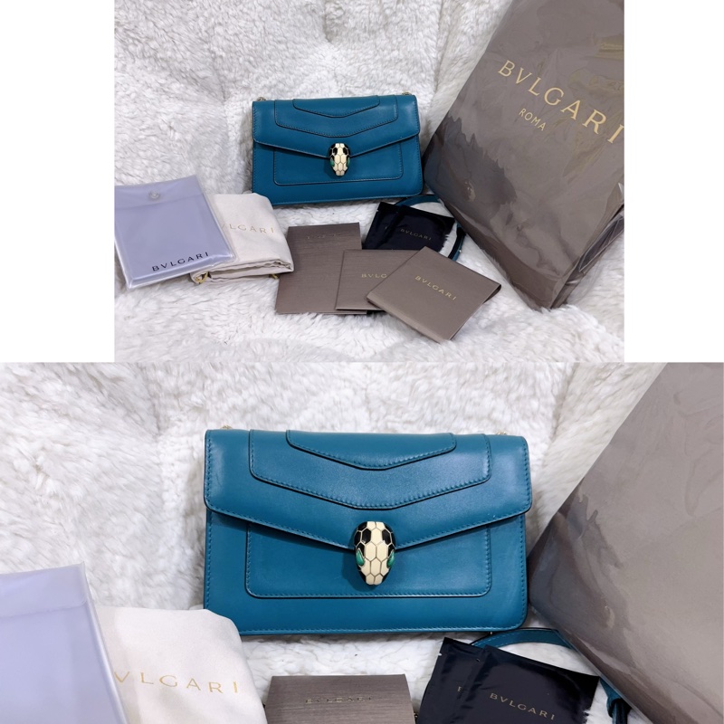BVLGARI 孔雀藍/綠松石色經典橫版蛇頭包（全配）-0