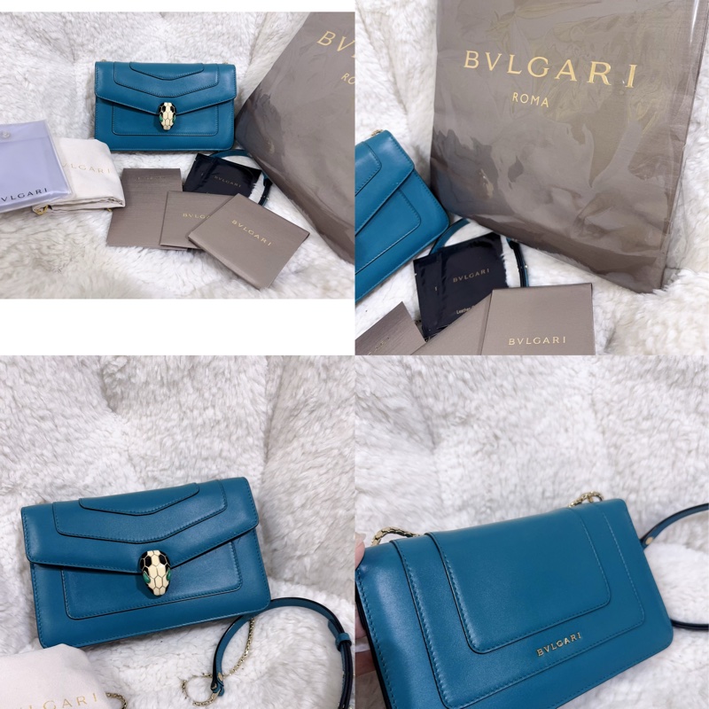 BVLGARI 孔雀藍/綠松石色經典橫版蛇頭包（全配）-2