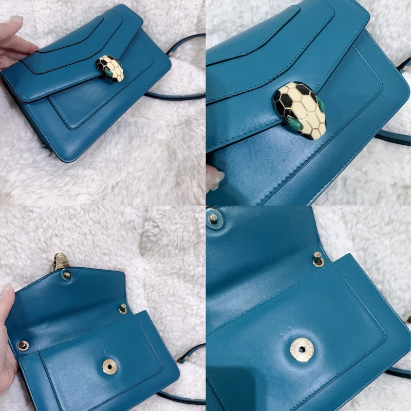 BVLGARI 孔雀藍/綠松石色經典橫版蛇頭包（全配）-6