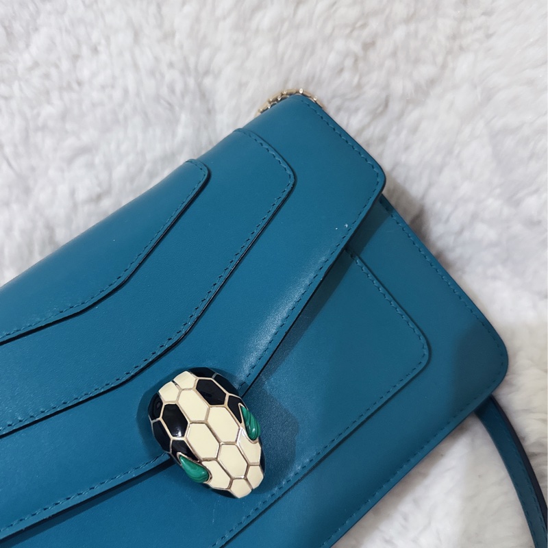 BVLGARI 孔雀藍/綠松石色經典橫版蛇頭包（全配）-14