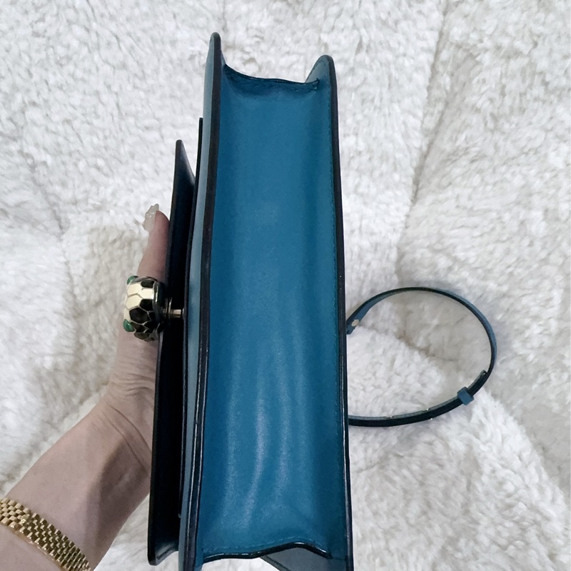 BVLGARI 孔雀藍/綠松石色經典橫版蛇頭包（全配）-22