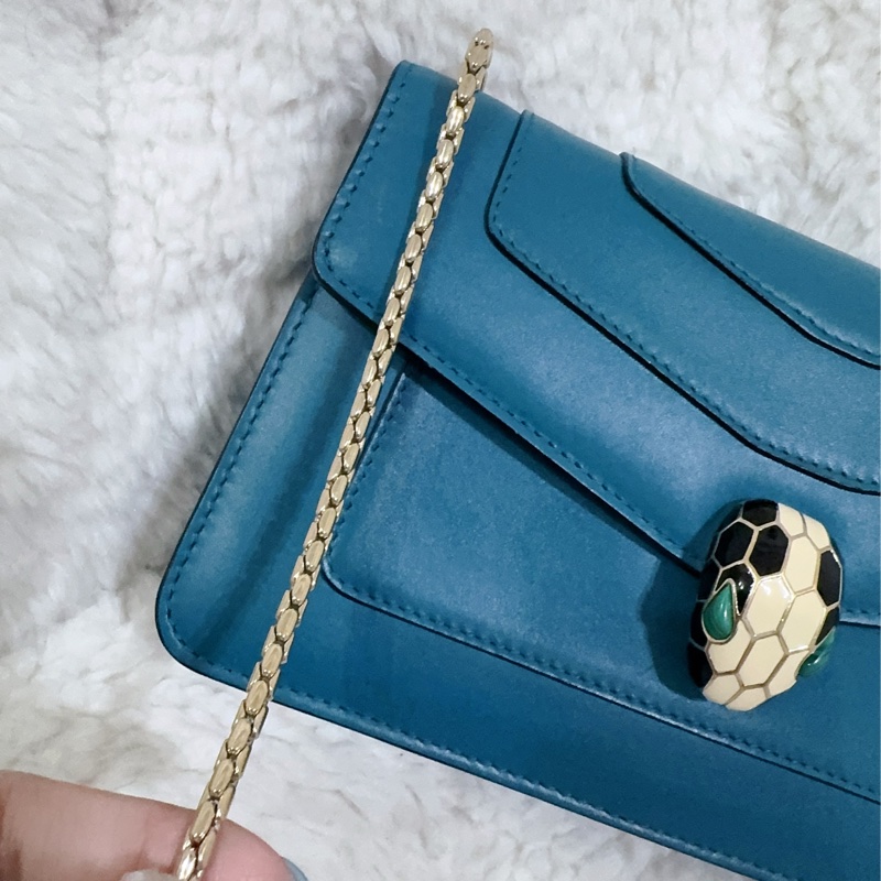 BVLGARI 孔雀藍/綠松石色經典橫版蛇頭包（全配）-34