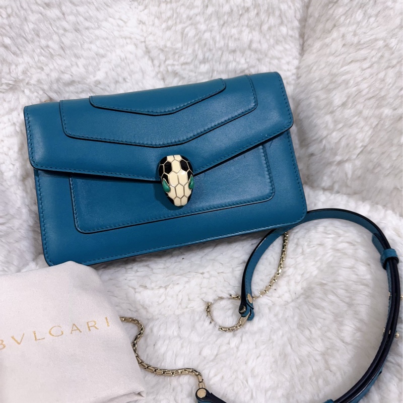 BVLGARI 孔雀藍/綠松石色經典橫版蛇頭包（全配）-40