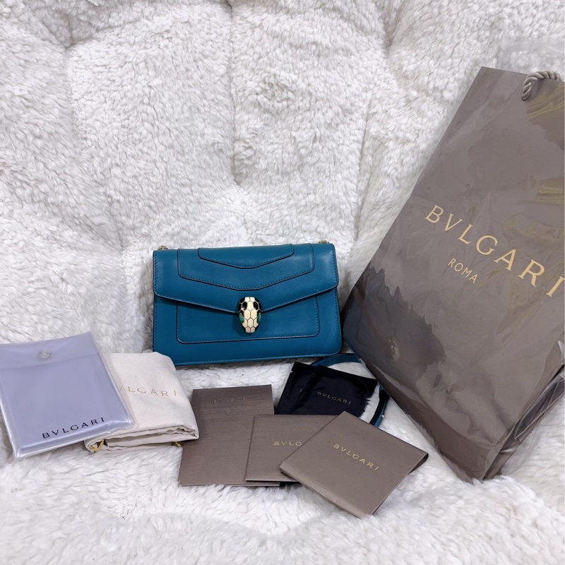 BVLGARI 孔雀藍/綠松石色經典橫版蛇頭包（全配）-42