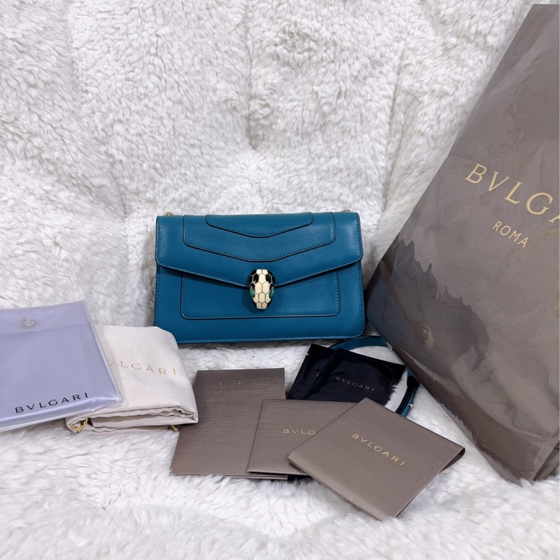 BVLGARI 孔雀藍/綠松石色經典橫版蛇頭包（全配）-43