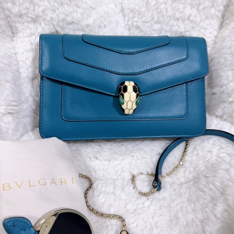 BVLGARI 孔雀藍/綠松石色經典橫版蛇頭包（全配）-56