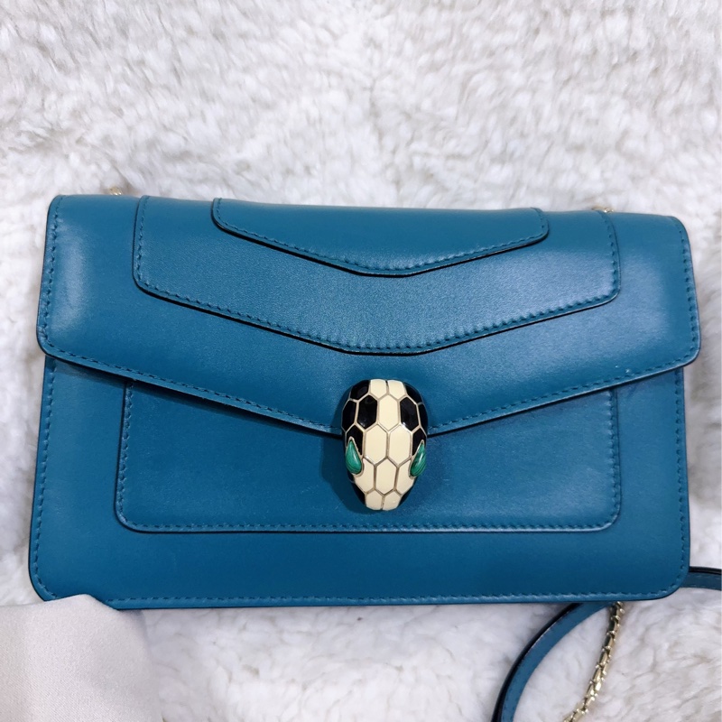 BVLGARI 孔雀藍/綠松石色經典橫版蛇頭包（全配）-60