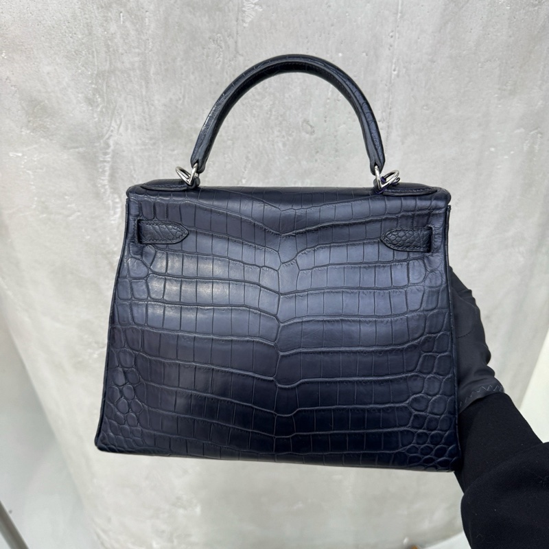✨Hermes愛馬仕Kelly28午夜藍銀扣霧面方塊鰐魚 A刻 正品❤️-2