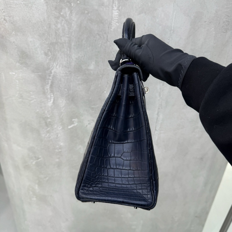 ✨Hermes愛馬仕Kelly28午夜藍銀扣霧面方塊鰐魚 A刻 正品❤️-3
