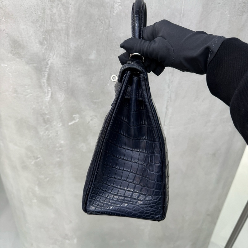 ✨Hermes愛馬仕Kelly28午夜藍銀扣霧面方塊鰐魚 A刻 正品❤️-4