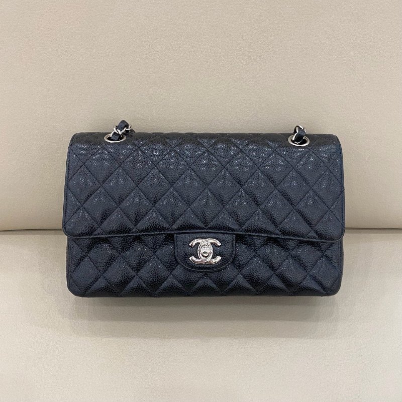 香奈兒/Chanel CF中號 黑銀荔枝牛皮鏈條包-5