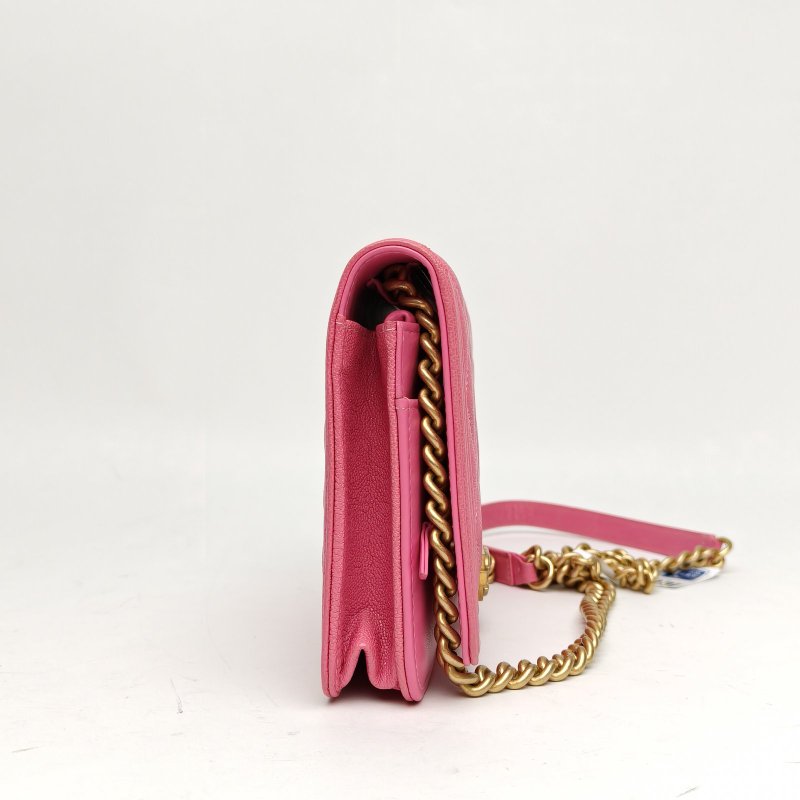 CHANEL LeboyWOC粉色荔枝牛皮26開金扣肩背包-3
