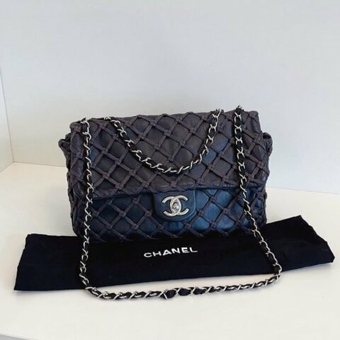 香奈兒/Chanel 黑銀漁網菱格網兜CF Jumbo機場包