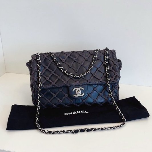 香奈兒/Chanel 黑銀漁網菱格網兜CF Jumbo機場包-0