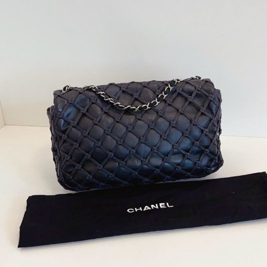 香奈兒/Chanel 黑銀漁網菱格網兜CF Jumbo機場包-1