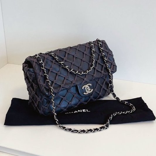 香奈兒/Chanel 黑銀漁網菱格網兜CF Jumbo機場包-2