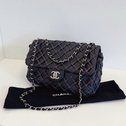 香奈兒/Chanel 黑銀漁網菱格網兜CF Jumbo機場包-3