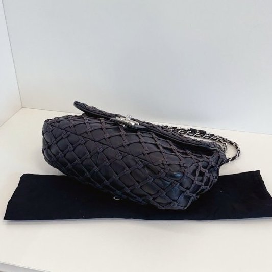 香奈兒/Chanel 黑銀漁網菱格網兜CF Jumbo機場包-5