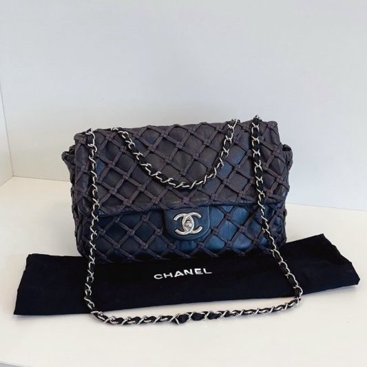 香奈兒/Chanel 黑銀漁網菱格網兜CF Jumbo機場包-6