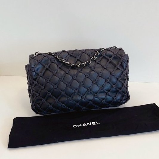 香奈兒/Chanel 黑銀漁網菱格網兜CF Jumbo機場包-7
