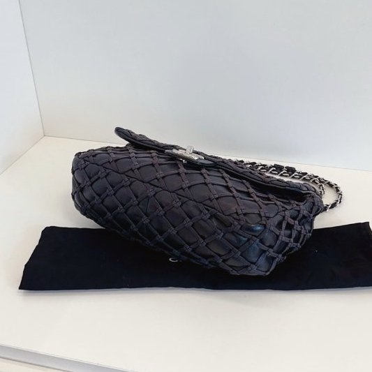 香奈兒/Chanel 黑銀漁網菱格網兜CF Jumbo機場包-9