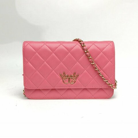CHANEL 粉色羊皮22開金扣手勢logoWoc斜挎包肩背包