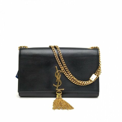 SAINT LAURENT KATE中號24光面流蘇黑色牛皮金扣肩背包