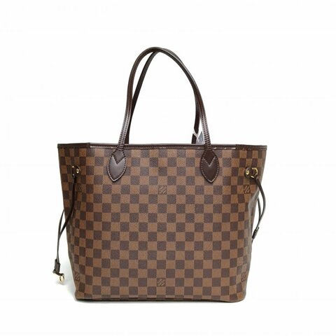 LOUIS VUITTON Neverfull中號無子袋棕色棋盤格金扣2009肩背包