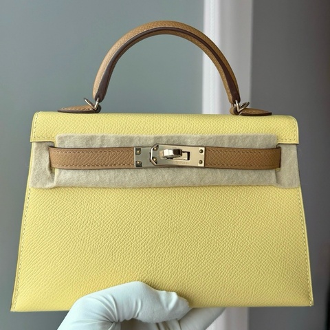 🔥Hermes/ 愛馬仕mini kelly二代 小雞黃拼餅乾 淡金扣 馬蹄刻 B刻 ❤️正品保障 🆕