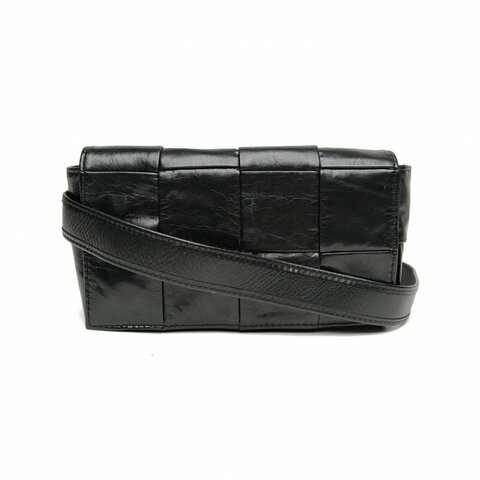 BOTTEGA VENETA Cassette腰包Mini18黑色油蠟皮銀扣肩背包