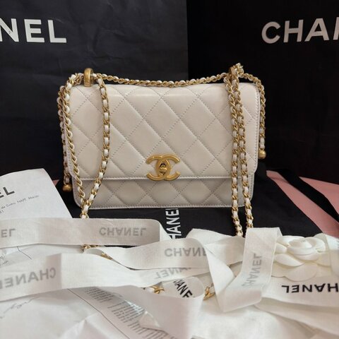 全新品 香奈兒/Chanel 雙金珠白色牛皮金扣可調節鏈條包