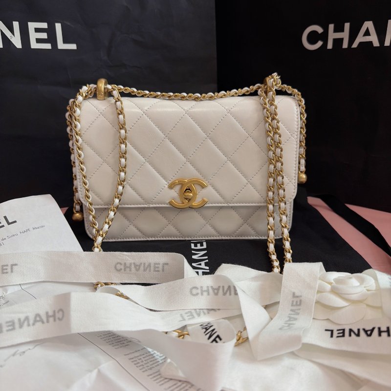 全新品 香奈兒/Chanel 雙金珠白色牛皮金扣可調節鏈條包-0