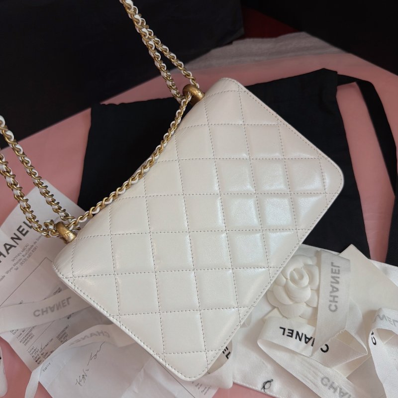全新品 香奈兒/Chanel 雙金珠白色牛皮金扣可調節鏈條包-1