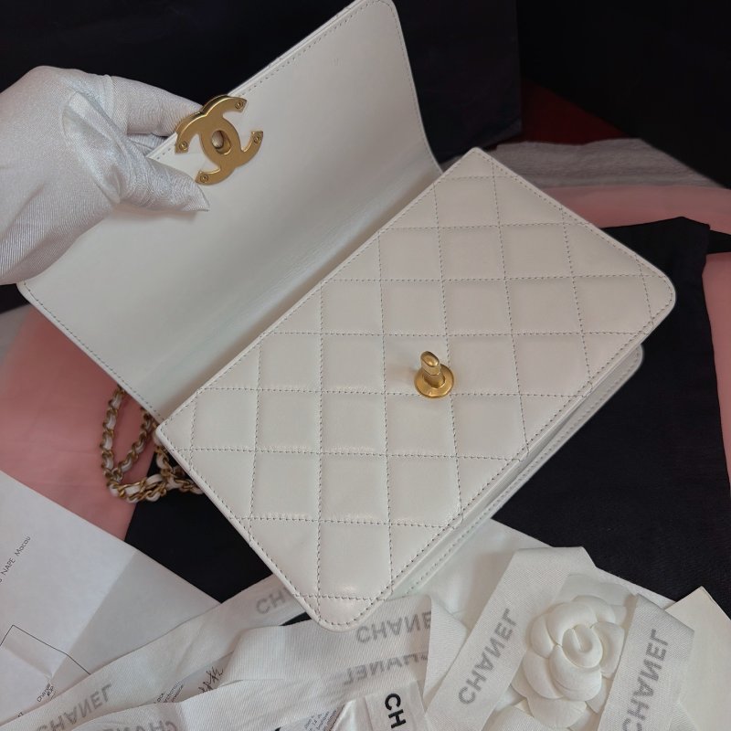 全新品 香奈兒/Chanel 雙金珠白色牛皮金扣可調節鏈條包-4
