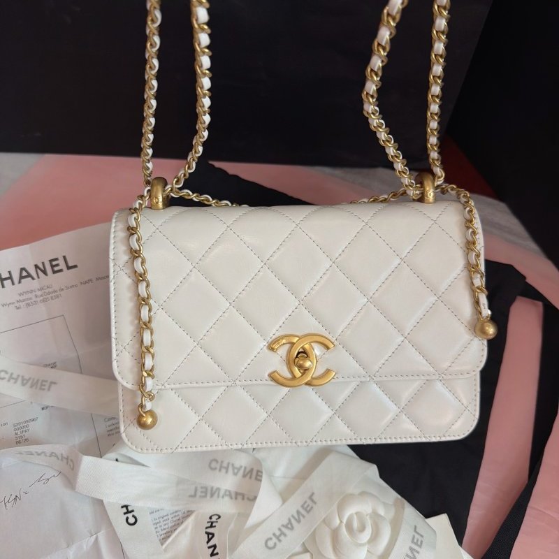 全新品 香奈兒/Chanel 雙金珠白色牛皮金扣可調節鏈條包-5