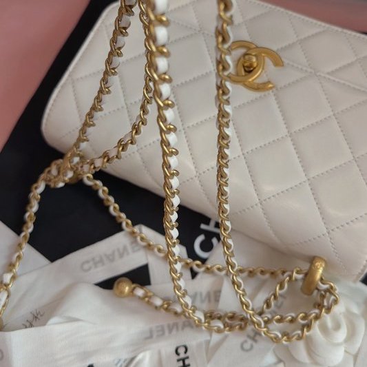 全新品 香奈兒/Chanel 雙金珠白色牛皮金扣可調節鏈條包-8
