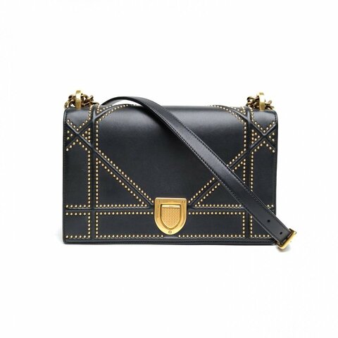 DIOR Diorama盾牌包中號黑色牛皮金扣2019鉚釘飾面肩背包