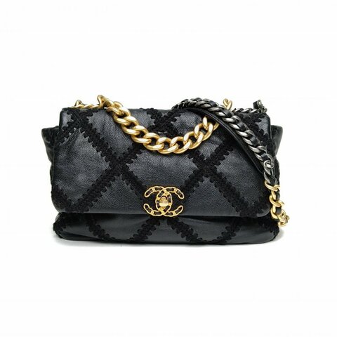 CHANEL 19BAG口蓋包中號黑色牛皮30開金銀扣肩背包