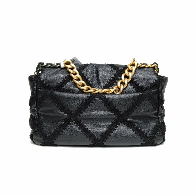 CHANEL 19BAG口蓋包中號黑色牛皮30開金銀扣肩背包-2