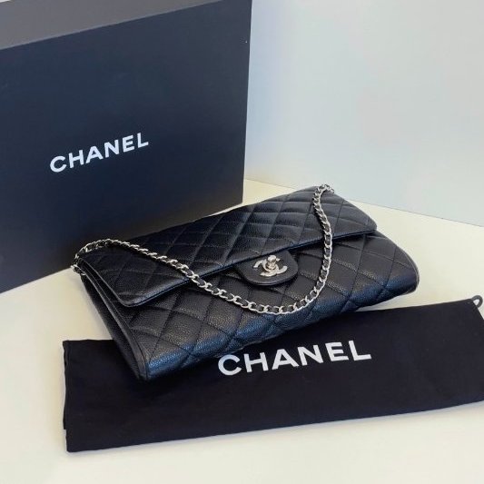 閒置新 香奈兒/Chanel Timeless黑銀魚子醬腋下包-8
